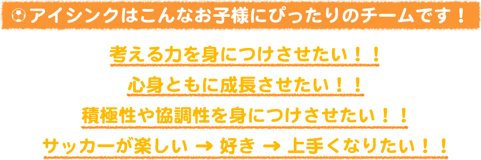 アイシンクはこんなお子様にぴったりのチームです！ 考える力を身につけさせたい！！ 心身ともに成長させたい！！ 積極性や協調性を身につけさせたい！！ サッカーが楽しい→好き→上手くなりたい！ 川口市 旧鳩ヶ谷市 サッカーチーム スクール 少年 小学生 幼児 ジュニア クラブ アイシンク