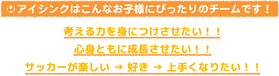 アイシンクはこんなお子様にぴったりのチームです！ 考える力を身につけさせたい！！ 心身ともに成長させたい！！ サッカーが楽しい→好き→上手くなりたい！ 川口市 旧鳩ヶ谷市 サッカーチーム スクール 少年 小学生 幼児 ジュニア クラブ アイシンク